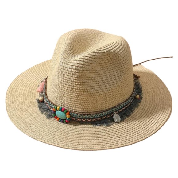 NEW TASSEL & BEAD DECOR STRAW HAT - Picture 2 of 11